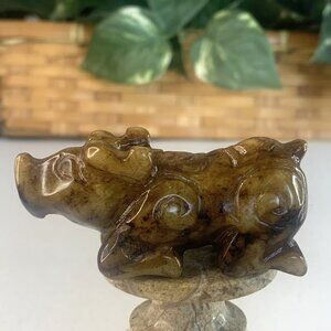 Chinese Brown Jade Stone Ox Figurine Carved Mythical Beast Animal Statue Figure